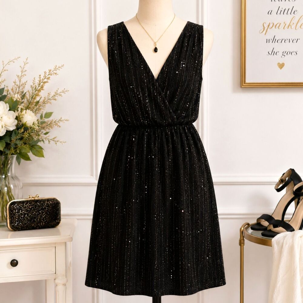 Marc Jacobs Black Glitter Striped Knit Wrap Dress Size M Medium 42" Bust